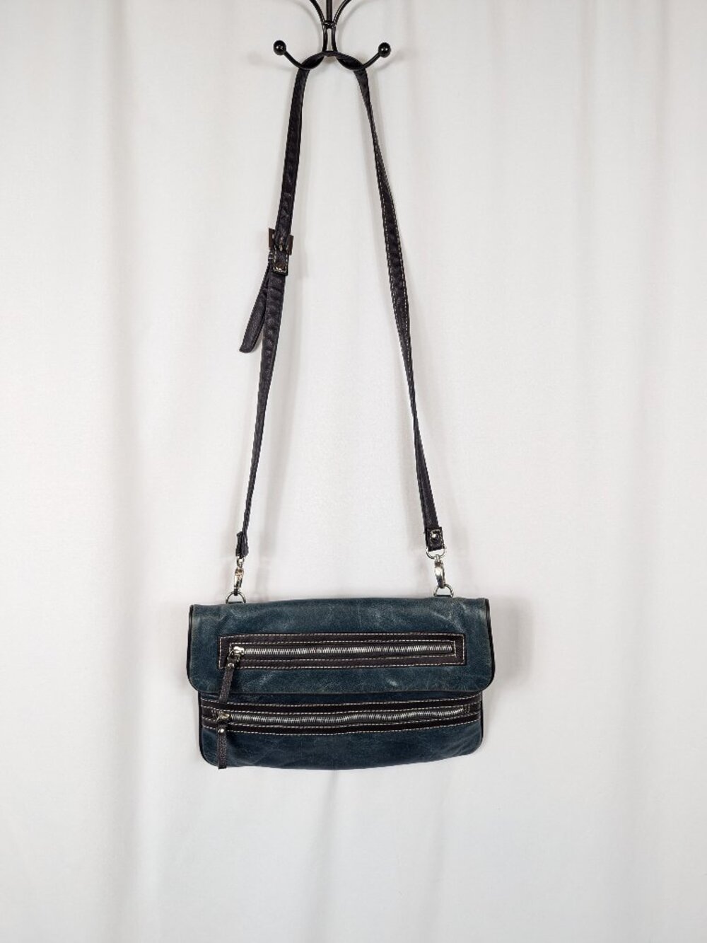 Sophia Visconti Teal Leather Shoulder Bag Crossbody Purse Folded Zipper Pockets